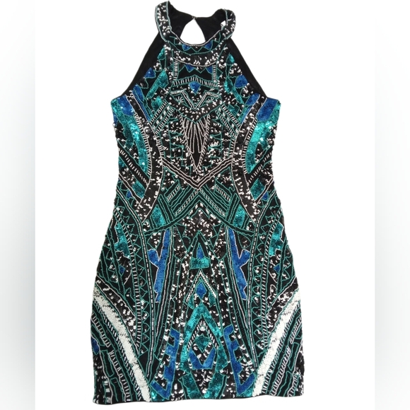 Parker Beaded Sequin Halter Mini Dress Teal Black Cocktail Party Size 4 - Picture 8 of 9